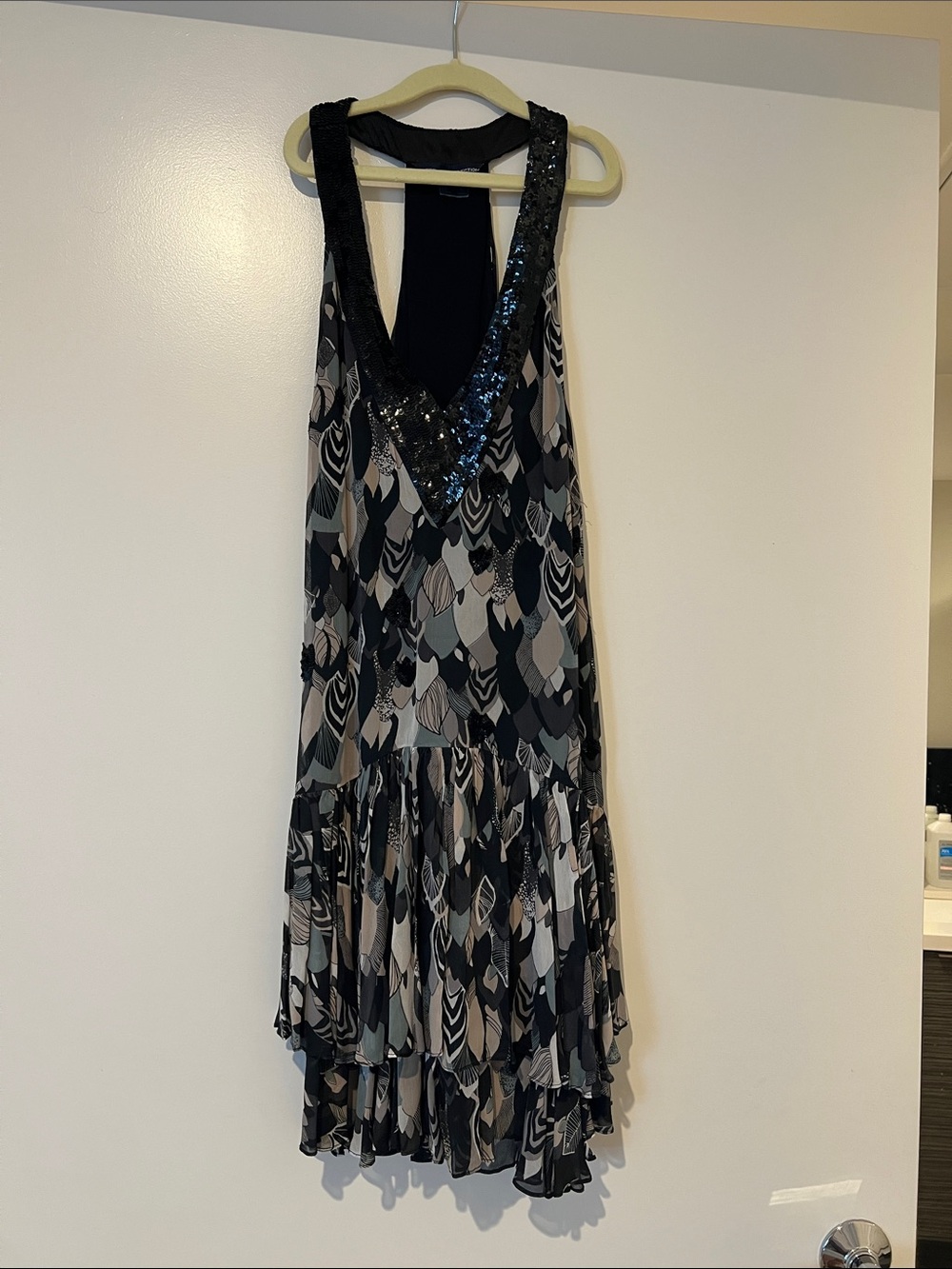 French Connection One-Shoulder Sequined V-Neck Dress in Black and Gray